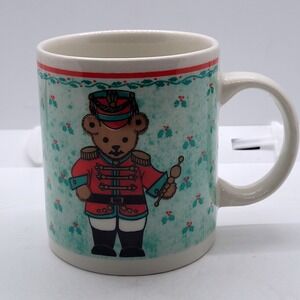 Vintage Gibson Nutcracker Teddy Bear Coffee Mug Holiday Christmas Teal Red 12oz